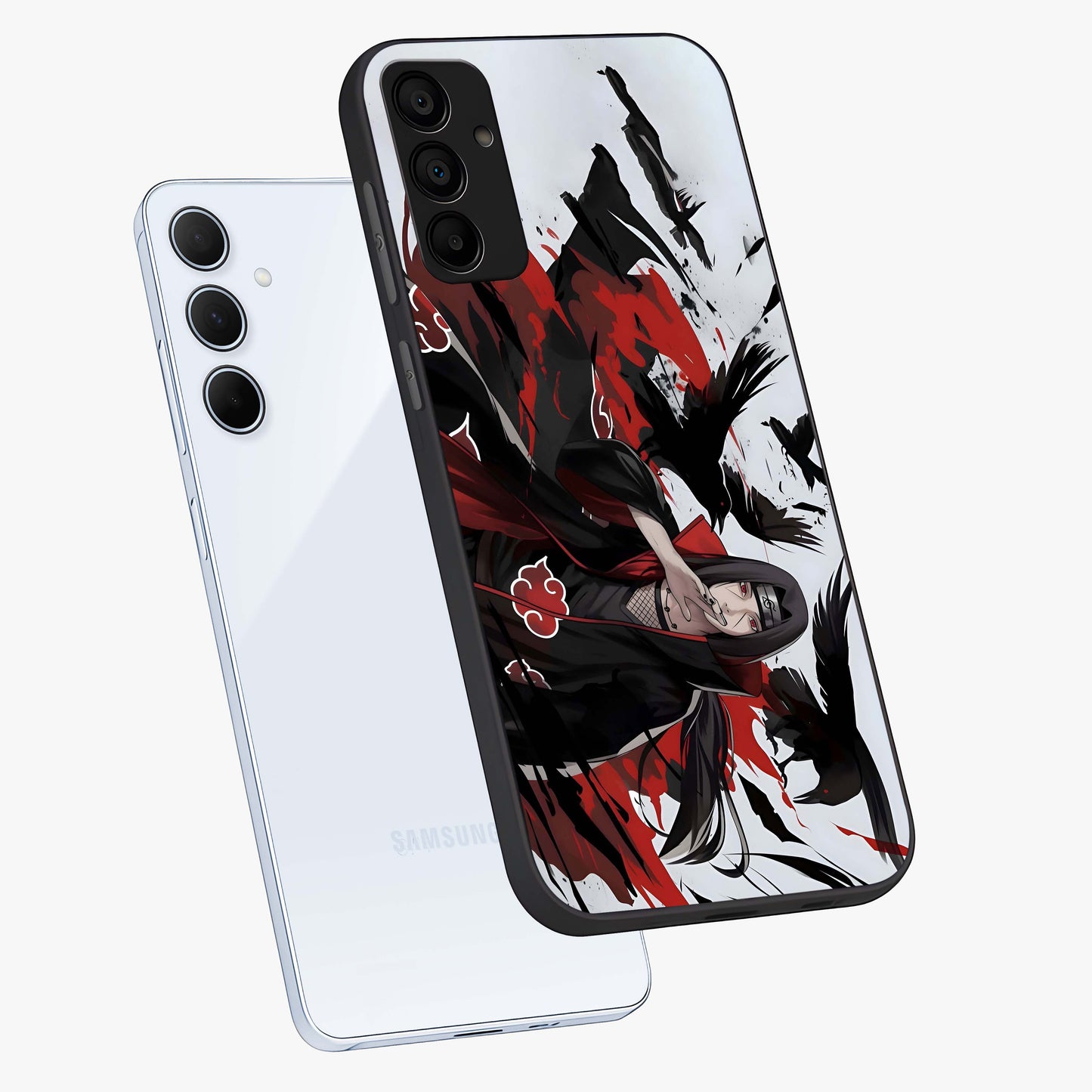 Crimson Crow Illusion Glass Case displayed in angled mockup highlighting mysterious crow graphic with dark aesthetic style.