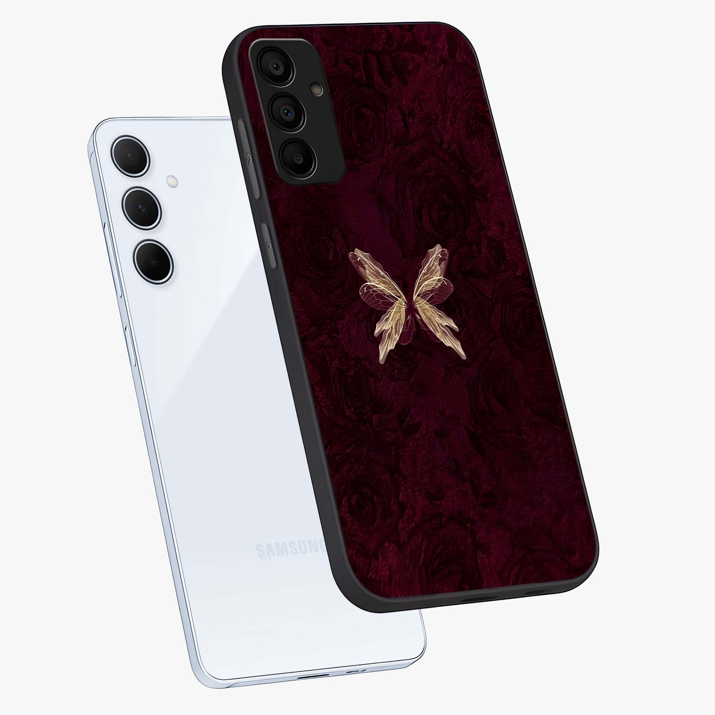 Crimson Fade Butterfly Glass Case displayed in angled mockup highlighting elegant butterfly design with crimson gradient aesthetic.