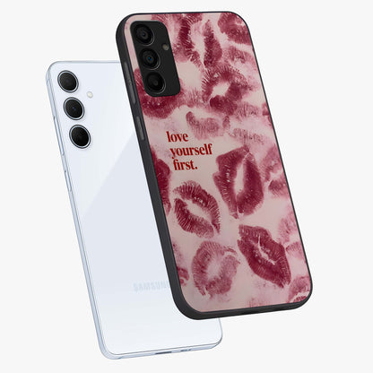 Crimson Kiss Love Glass Case displayed in angled mockup highlighting bold love inspired design with modern aesthetic style.