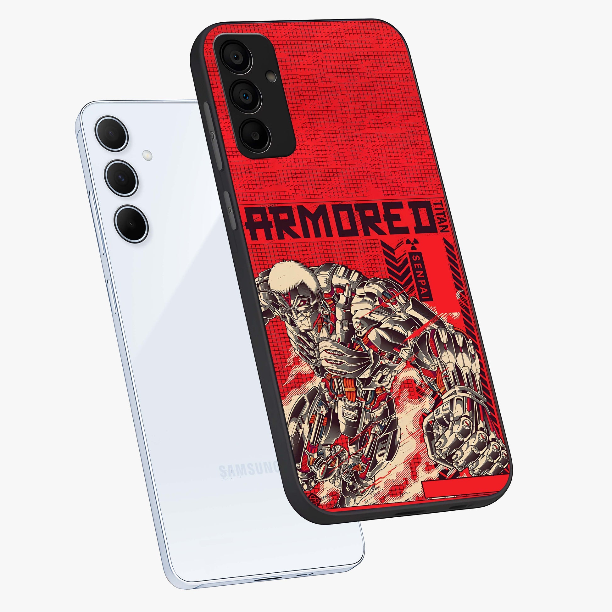 Crimson Mecha Titan Glass Case displayed in angled mockup highlighting futuristic mech illustration with bold crimson aesthetic.