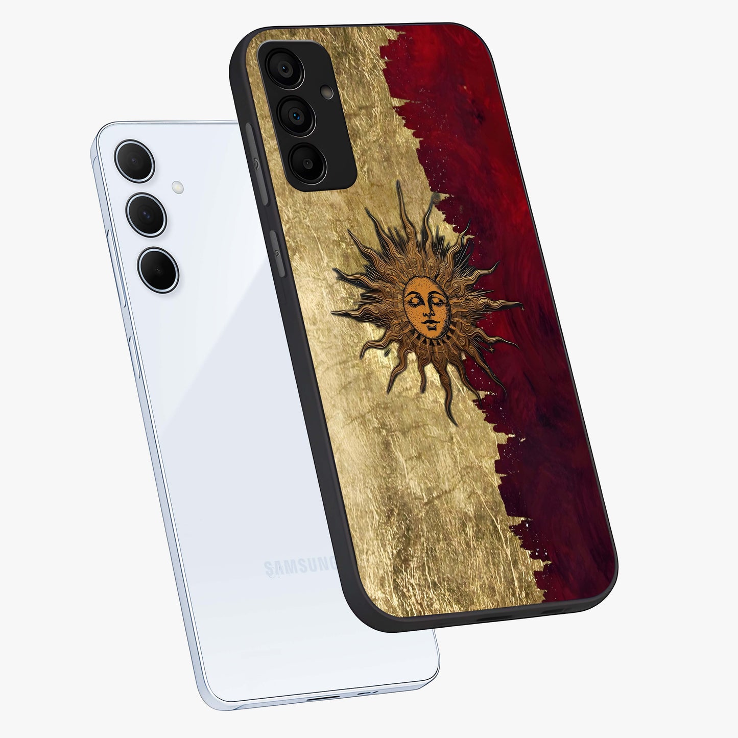 Crimson Sun Majesty Glass Case displayed in angled mockup highlighting majestic crimson sun design with bold aesthetic style.