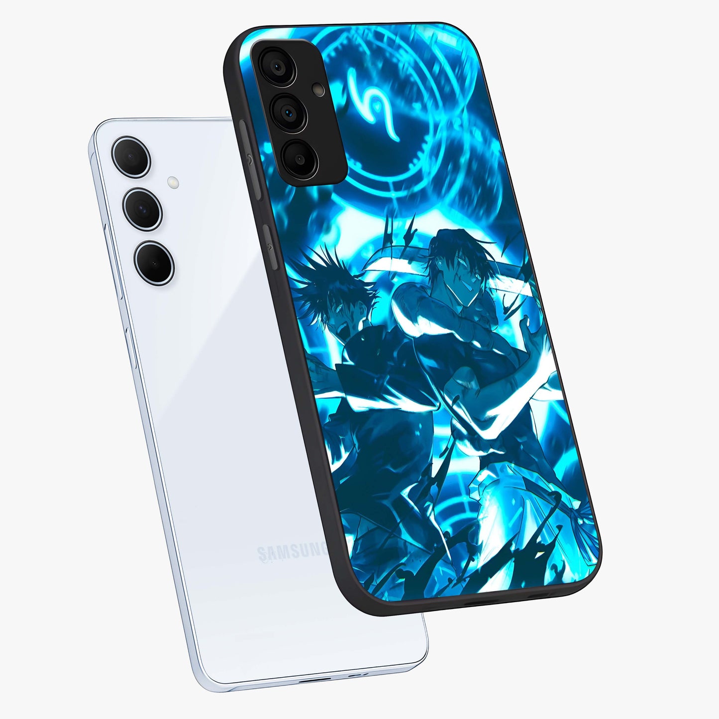 Cursed Energy Clash Glass Case displayed in angled mockup highlighting powerful battle inspired graphic with anime style aesthetic.