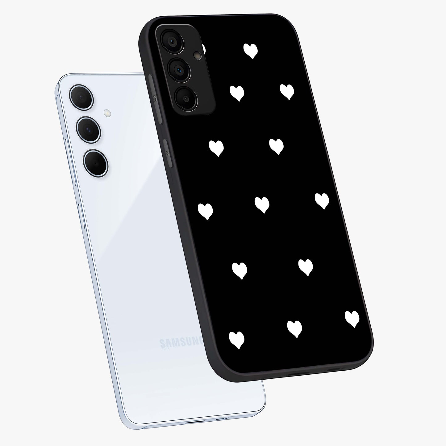 Cute And Simple White Hearts Glass Case displayed in angled mockup highlighting cute heart design with clean aesthetic style.