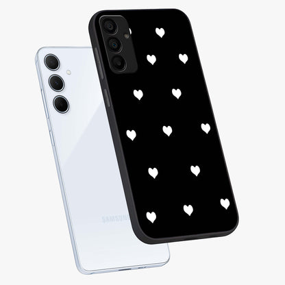 Cute And Simple White Hearts Glass Case displayed in angled mockup highlighting cute heart design with clean aesthetic style.