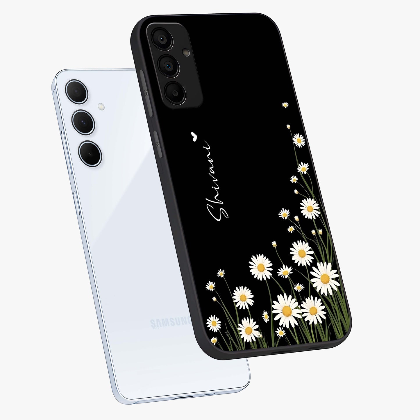 Daisy Cascade Custom Name Glass Case displayed in angled mockup highlighting delicate daisy artwork with custom name feature.