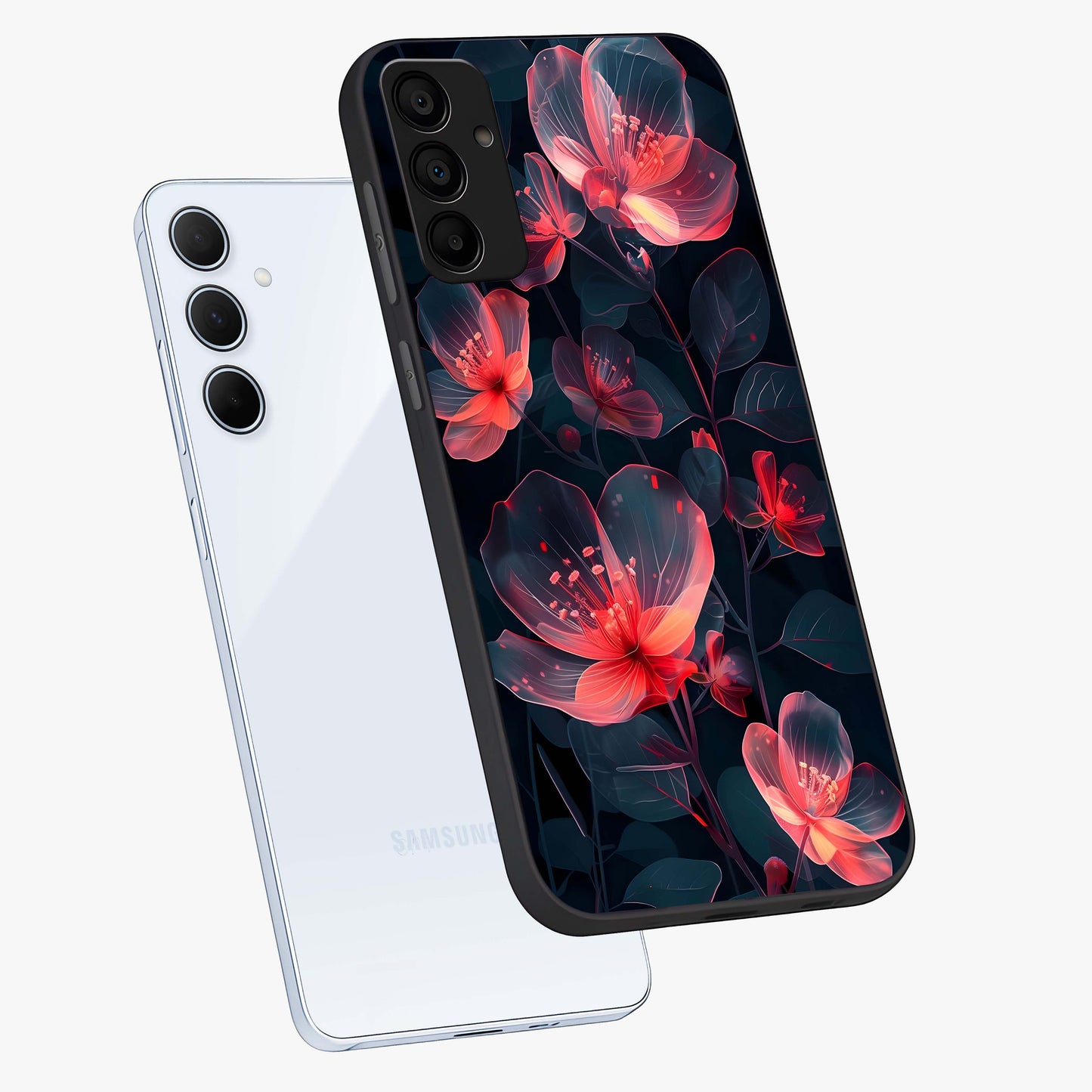 Dark Shade of Flower Glass Case displayed in angled mockup highlighting moody floral illustration with aesthetic dark tones.