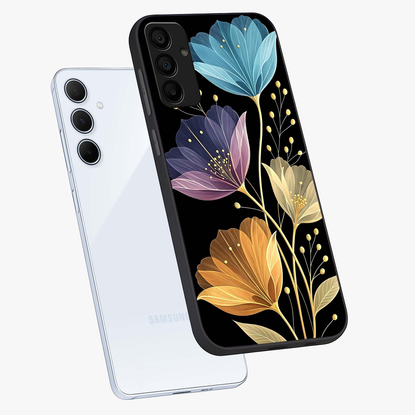 Delicate Multicolor Flowers Glass Case displayed in angled mockup highlighting colorful flower pattern with soft aesthetic style.