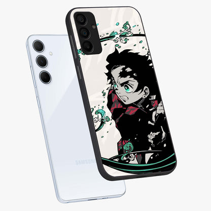 Demon Slayer Glass Case displayed in angled mockup highlighting dramatic anime character design with action aesthetic.