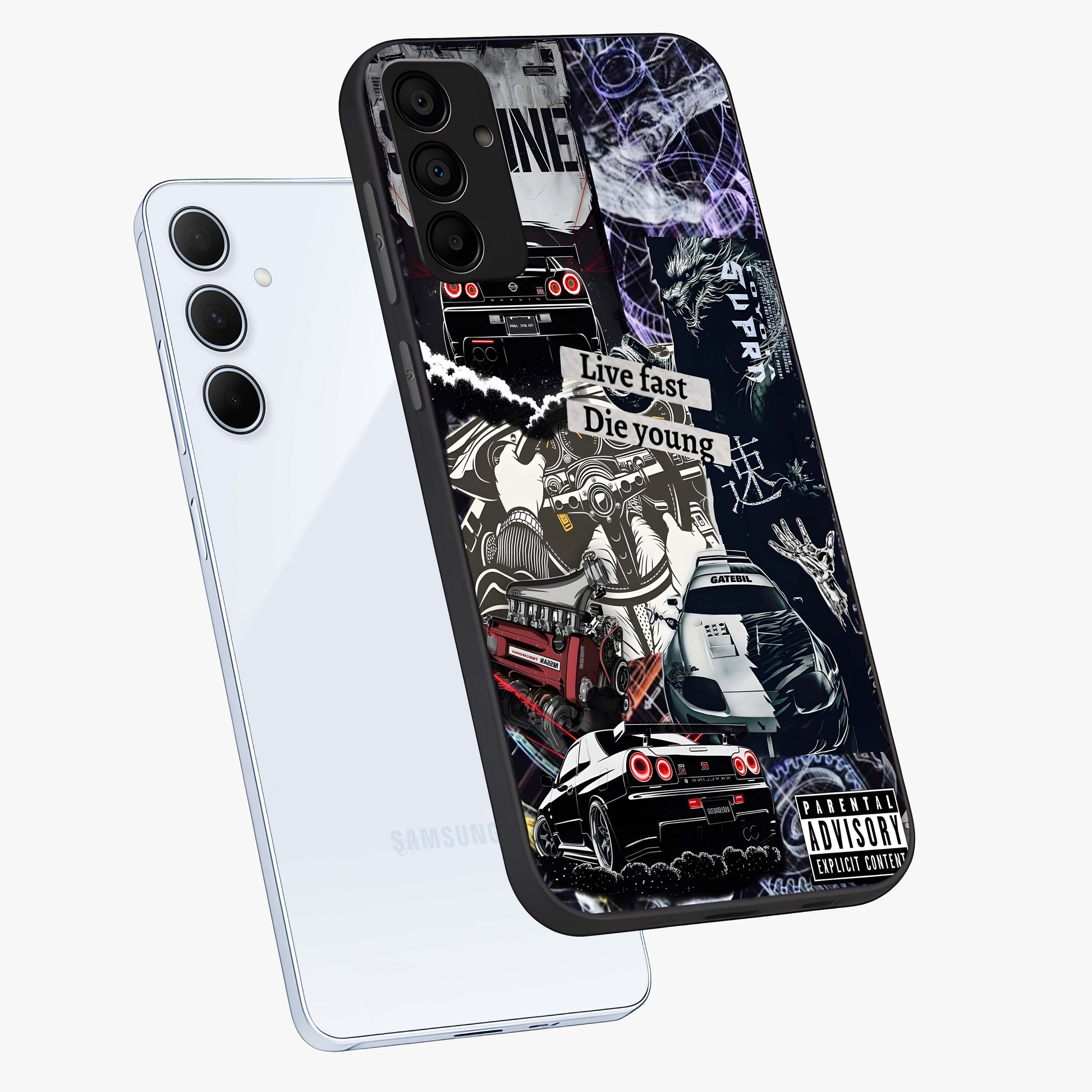 Die Young Glass Case displayed in angled mockup highlighting expressive graphic artwork with edgy aesthetic style.