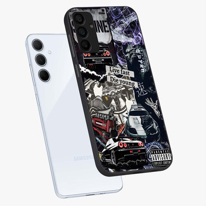 Die Young Glass Case displayed in angled mockup highlighting expressive graphic artwork with edgy aesthetic style.