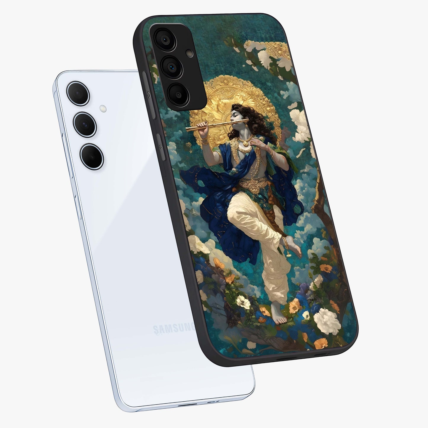 Divine Krishna Art Glass Case displayed in angled mockup highlighting spiritual Krishna illustration with devotional aesthetic.