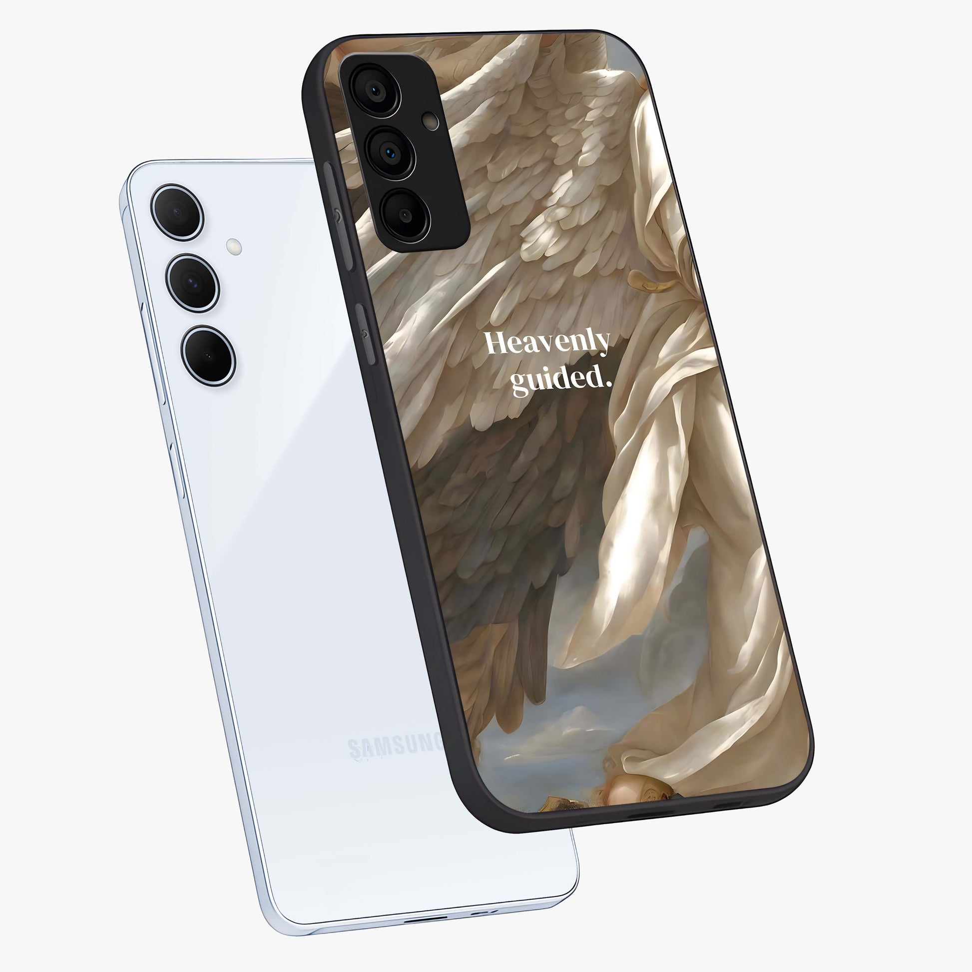 Divine Winged Grace Glass Case displayed in angled mockup highlighting graceful wing design with divine aesthetic style.