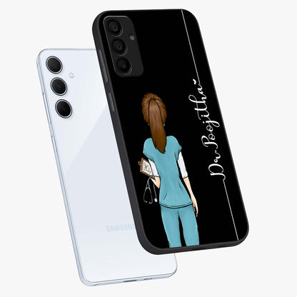 Doctor Pattern Custom Name Glass Case displayed in angled mockup highlighting doctor inspired artwork with custom name feature.