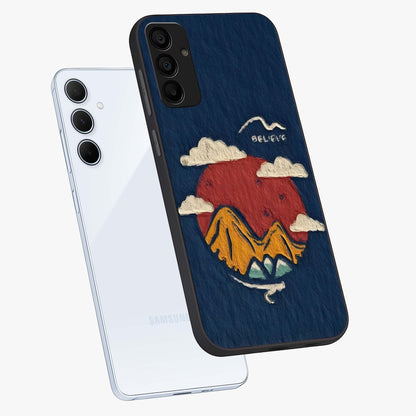 Dream Beyond Mountains Glass Case displayed in angled mockup highlighting dreamy mountain illustration with peaceful aesthetic.