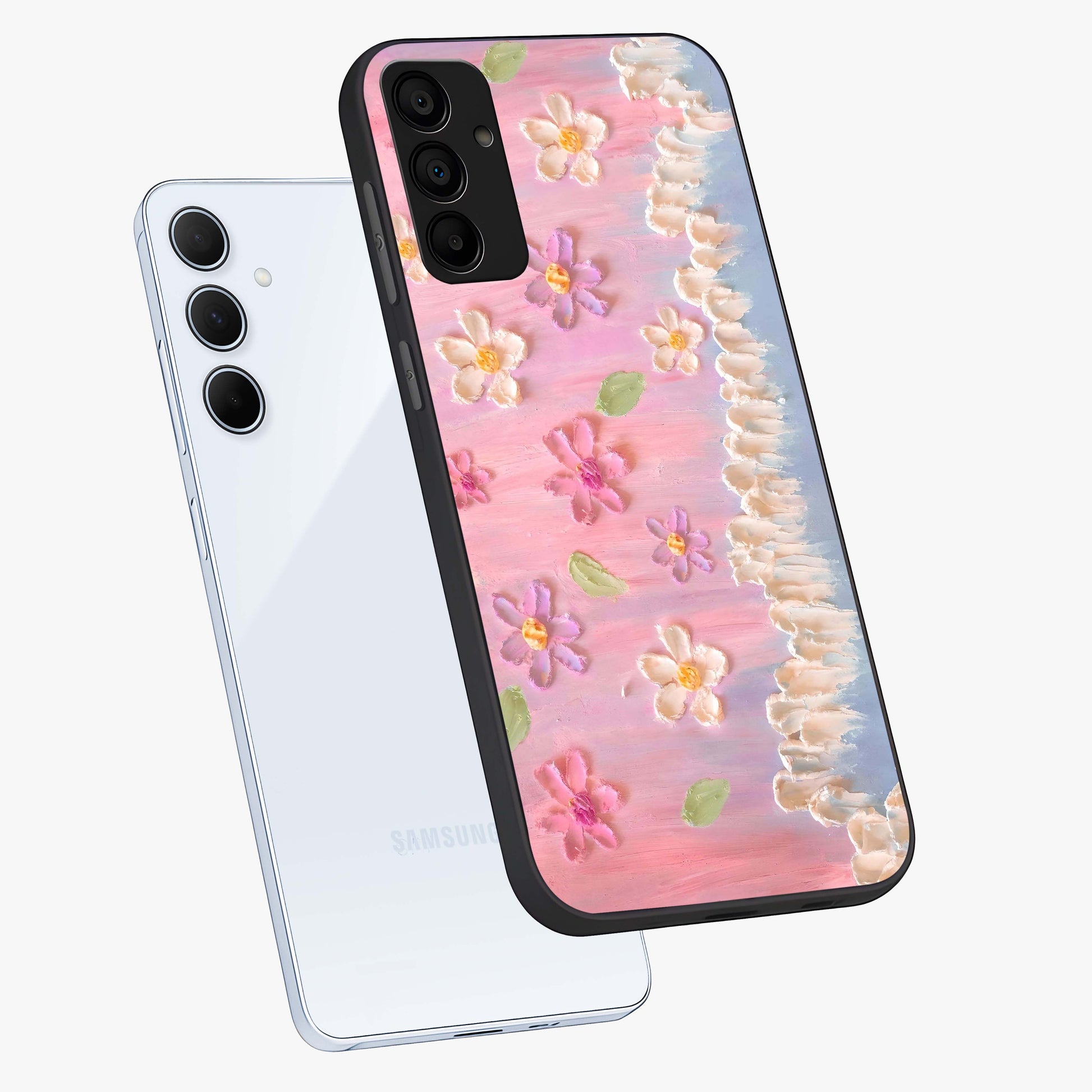 Dreamy Painted Garden Glass Case displayed in angled mockup highlighting colorful garden illustration with dreamy aesthetic style.