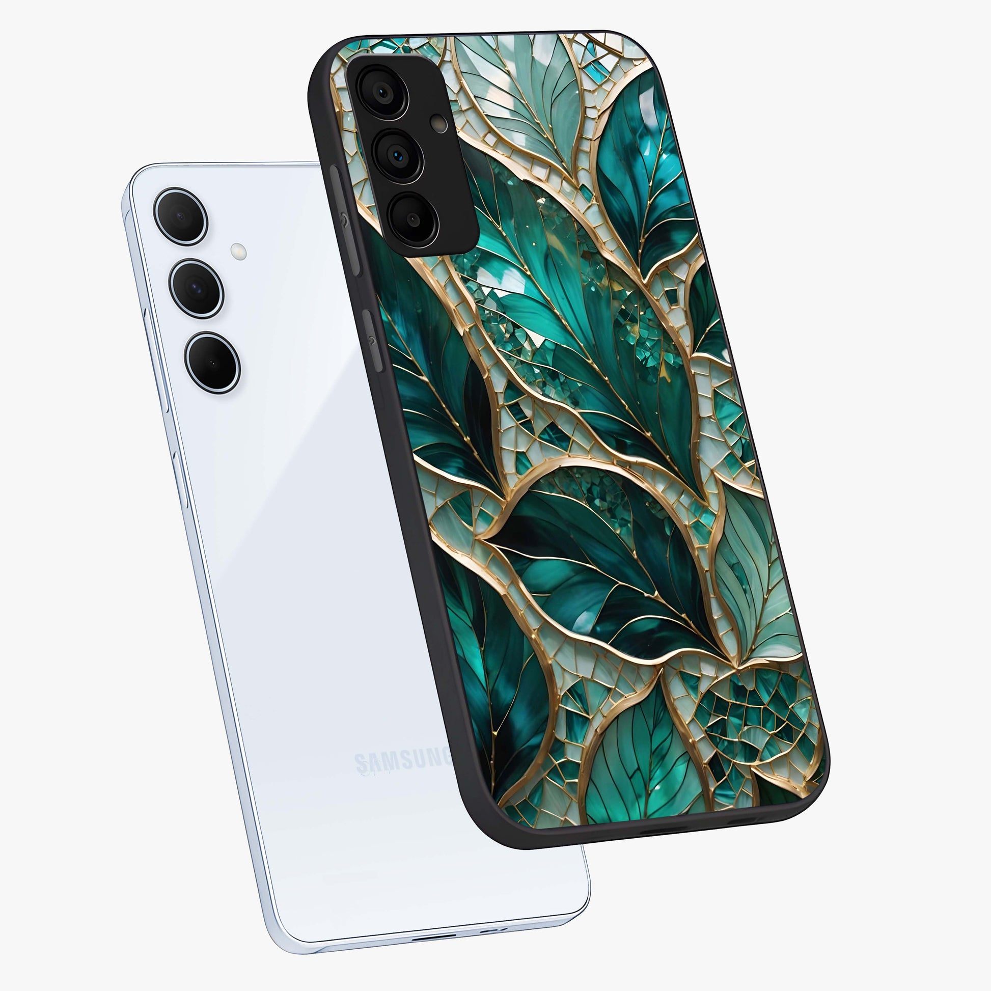 Emerald Leaf Glass Glass Case displayed in angled mockup highlighting botanical leaf illustration with elegant natural aesthetic.