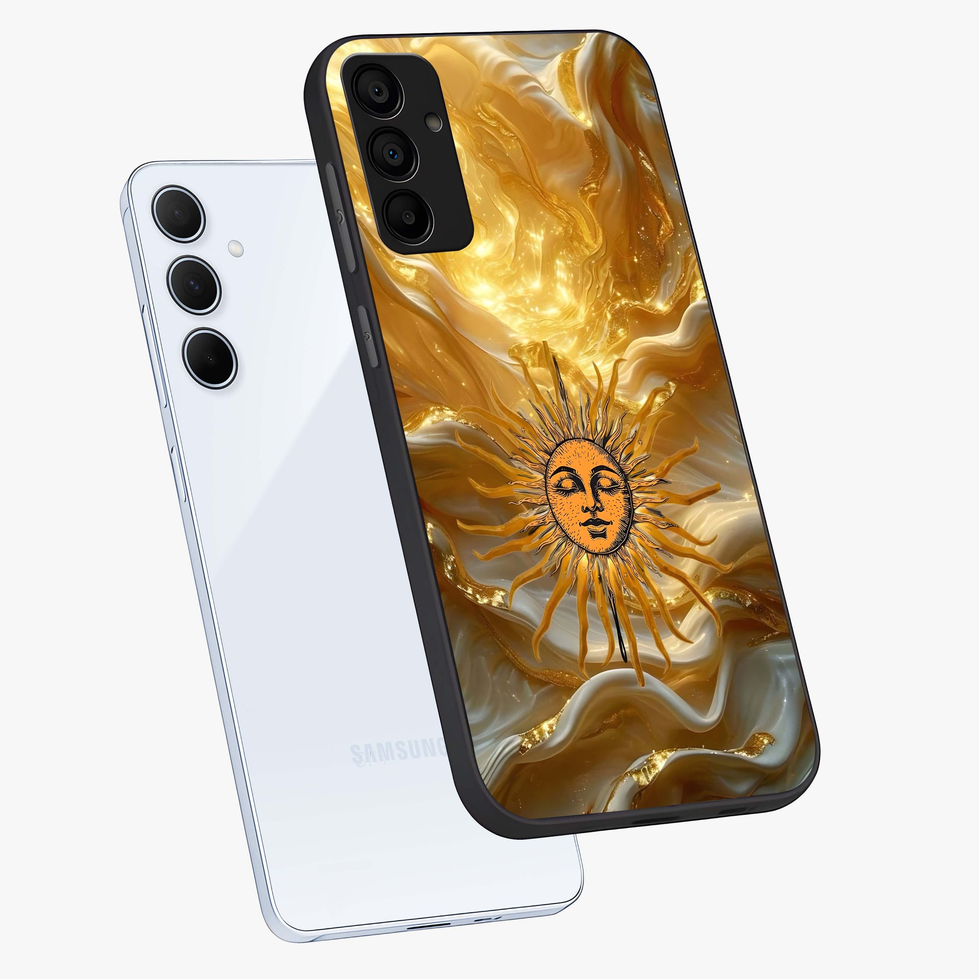 Eternal Golden Glow Glass Case displayed in angled mockup highlighting glowing golden aesthetic design with elegant style.