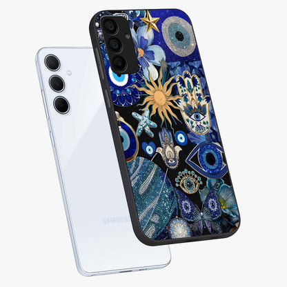 Evil Eye Charm Mix Glass Case displayed in angled mockup highlighting protective evil eye symbols with spiritual aesthetic design.