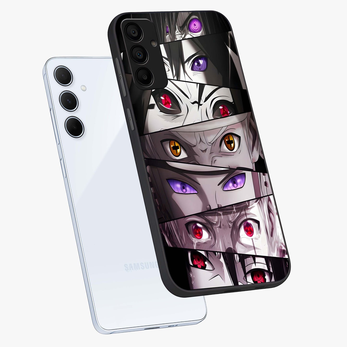 Eyes of Destiny Glass Case displayed in angled mockup highlighting bold eye illustration with mystical aesthetic style.
