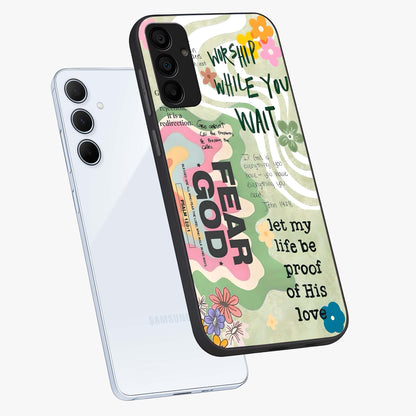 Faith Over Fear Glass Case displayed in angled mockup highlighting inspirational message design with modern aesthetic style.