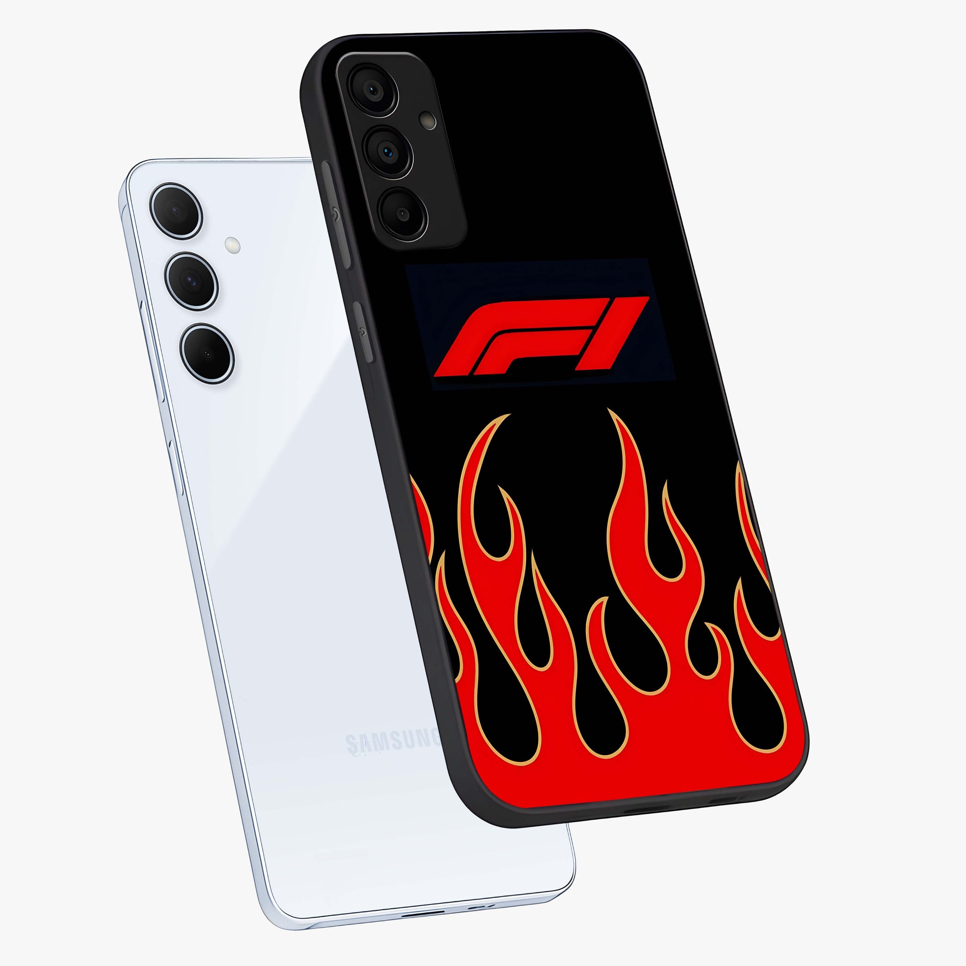 Fire F11 Glass Case displayed in angled mockup highlighting bold fire inspired graphic with energetic aesthetic style.