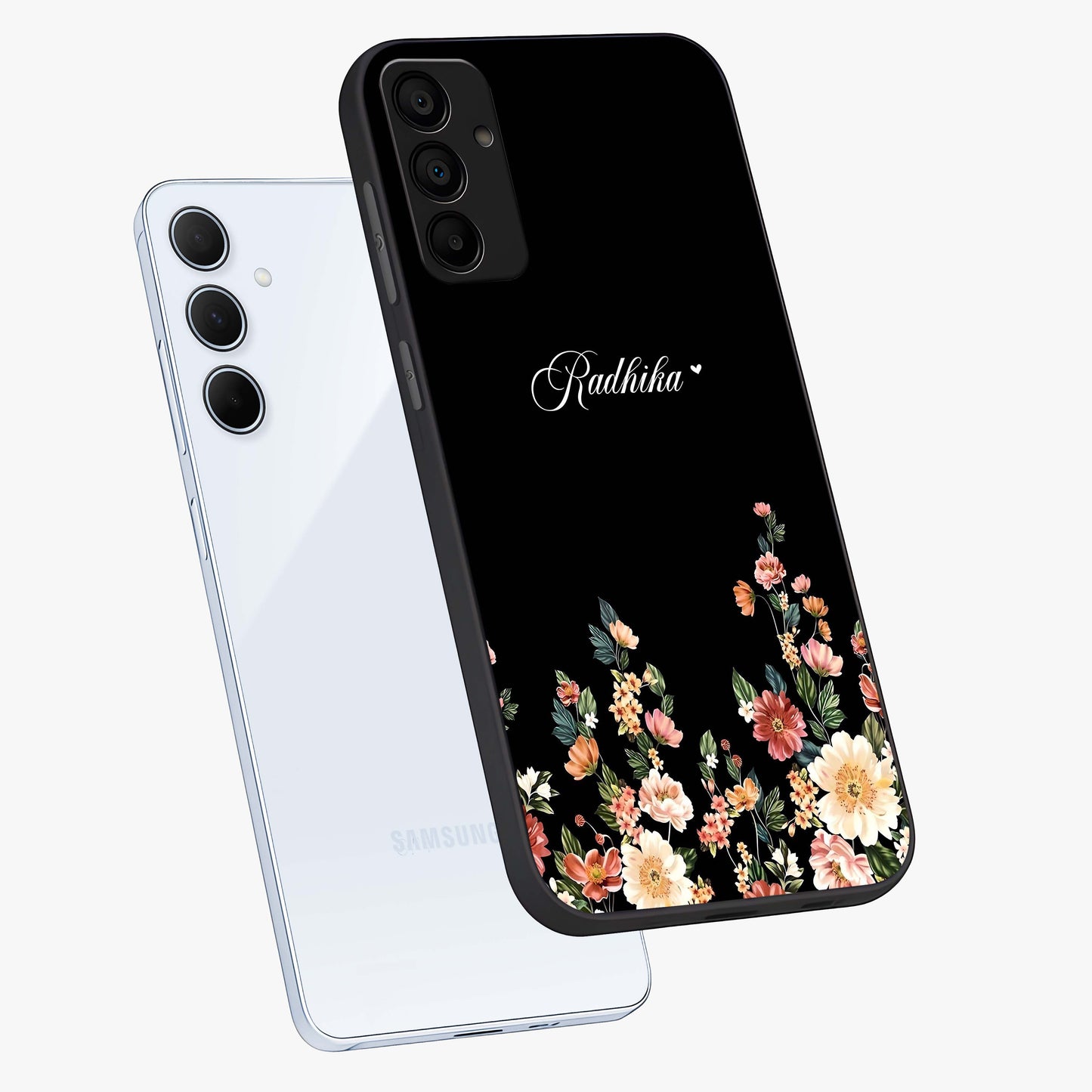 Floral Design With a Custom Personalized Name Glass Case displayed in angled mockup highlighting elegant floral pattern with custom name feature.