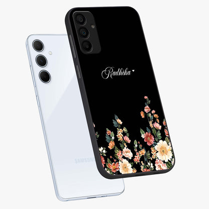 Floral Design With a Custom Personalized Name Glass Case displayed in angled mockup highlighting elegant floral pattern with custom name feature.