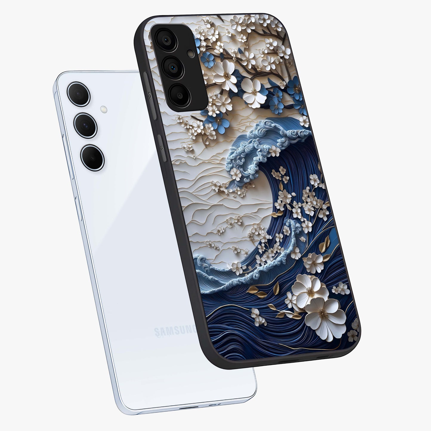 Floral Wave Origami Glass Case displayed in angled mockup highlighting geometric origami flower design with modern aesthetic style.