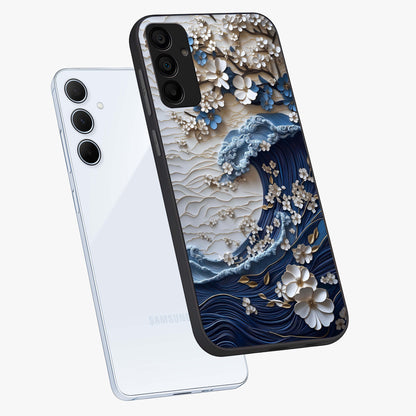 Floral Wave Origami Glass Case displayed in angled mockup highlighting geometric origami flower design with modern aesthetic style.