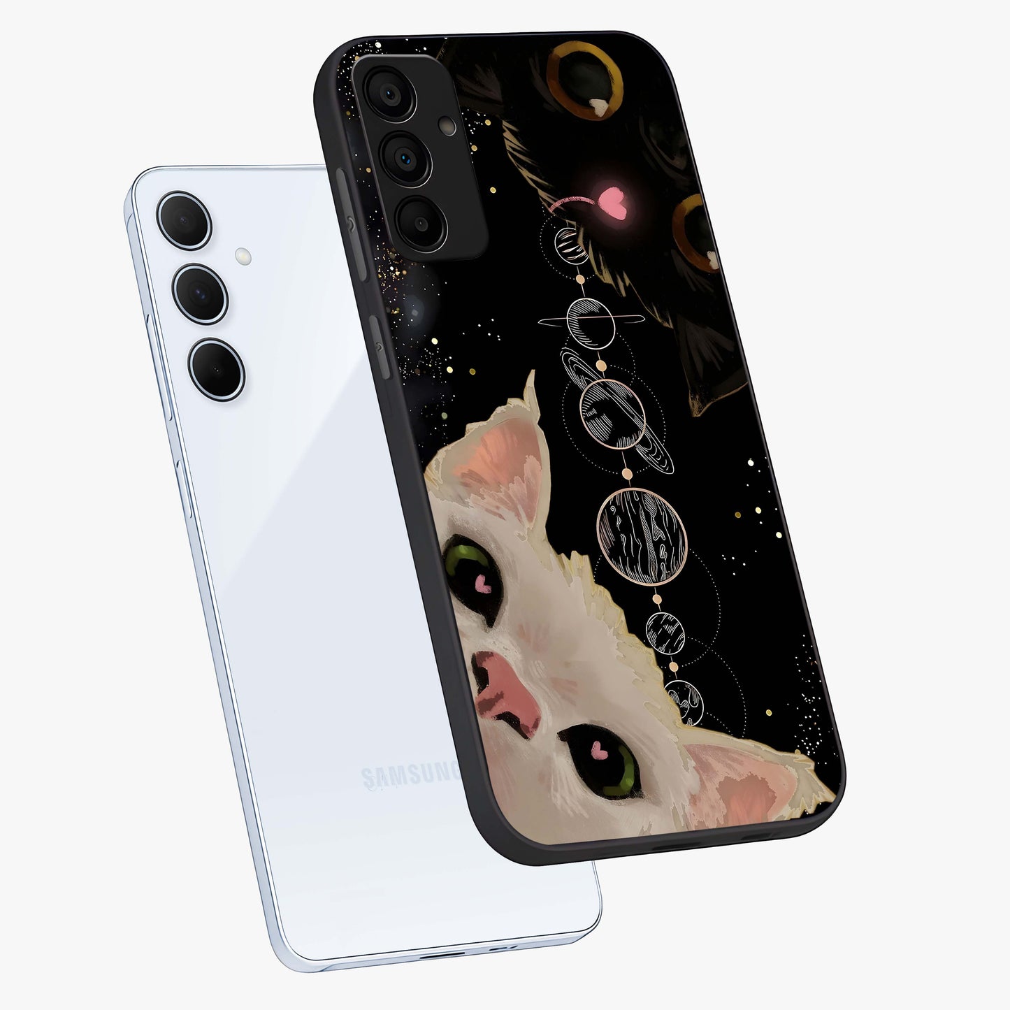 Galactic Cat Glass Case displayed in angled mockup highlighting celestial feline illustration with galaxy aesthetic style.