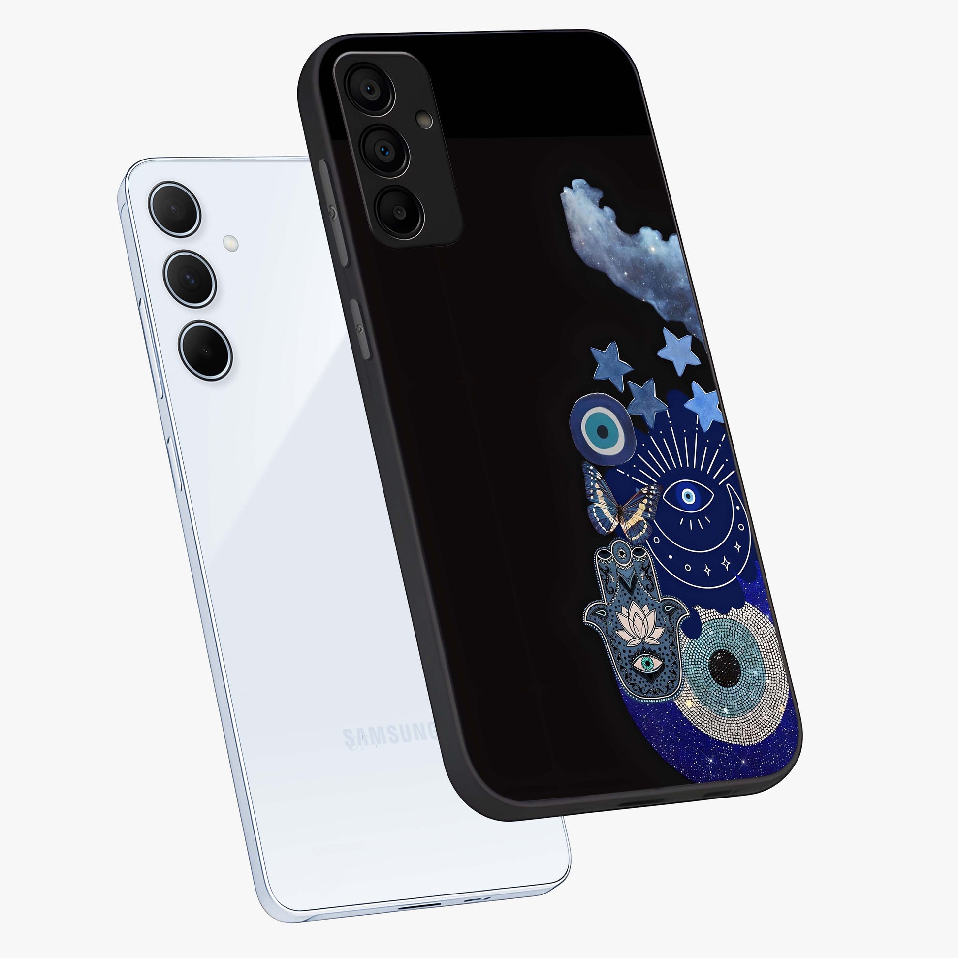 Galactic Charm Cluster Glass Case displayed in angled mockup highlighting luminous galaxy inspired design with dreamy aesthetic.