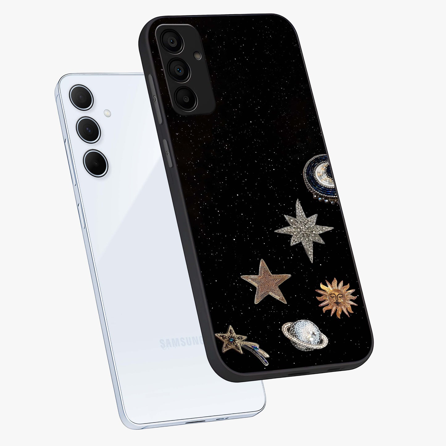 Galactic Charm Glow Glass Case displayed in angled mockup highlighting luminous galaxy inspired design with dreamy aesthetic.