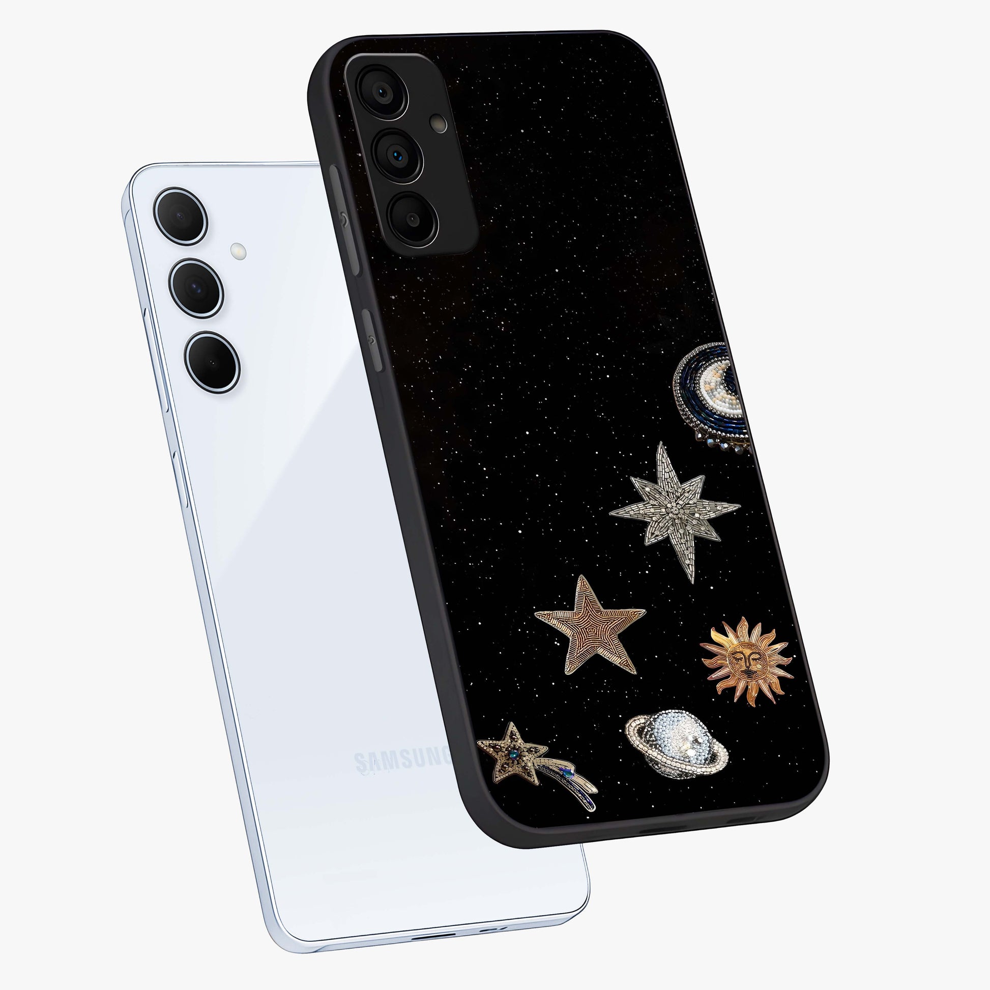 Galactic Charm Glow Glass Case displayed in angled mockup highlighting luminous galaxy inspired design with dreamy aesthetic.