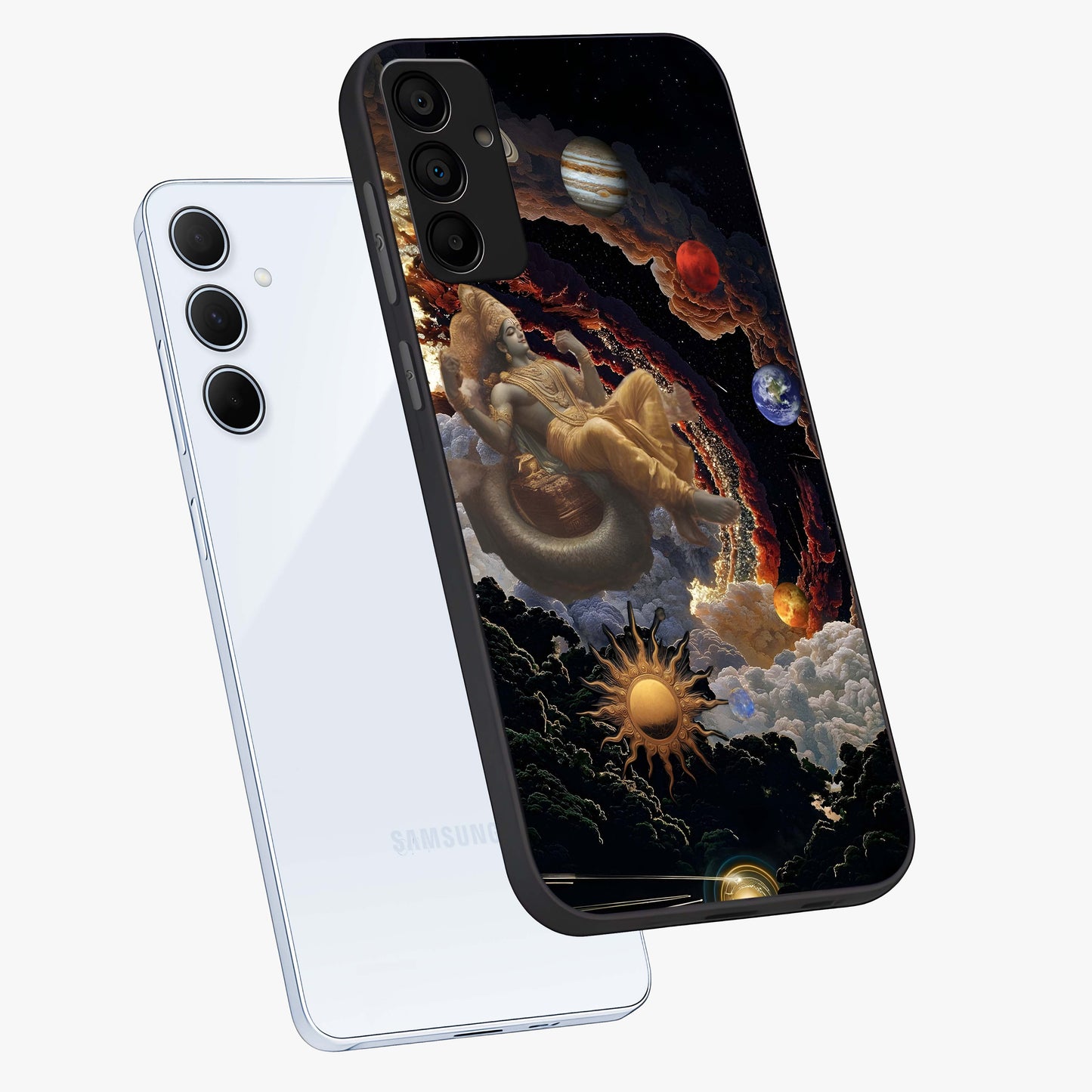 Galactic Divine God Glass Case displayed in angled mockup highlighting powerful celestial deity illustration with galactic aesthetic.