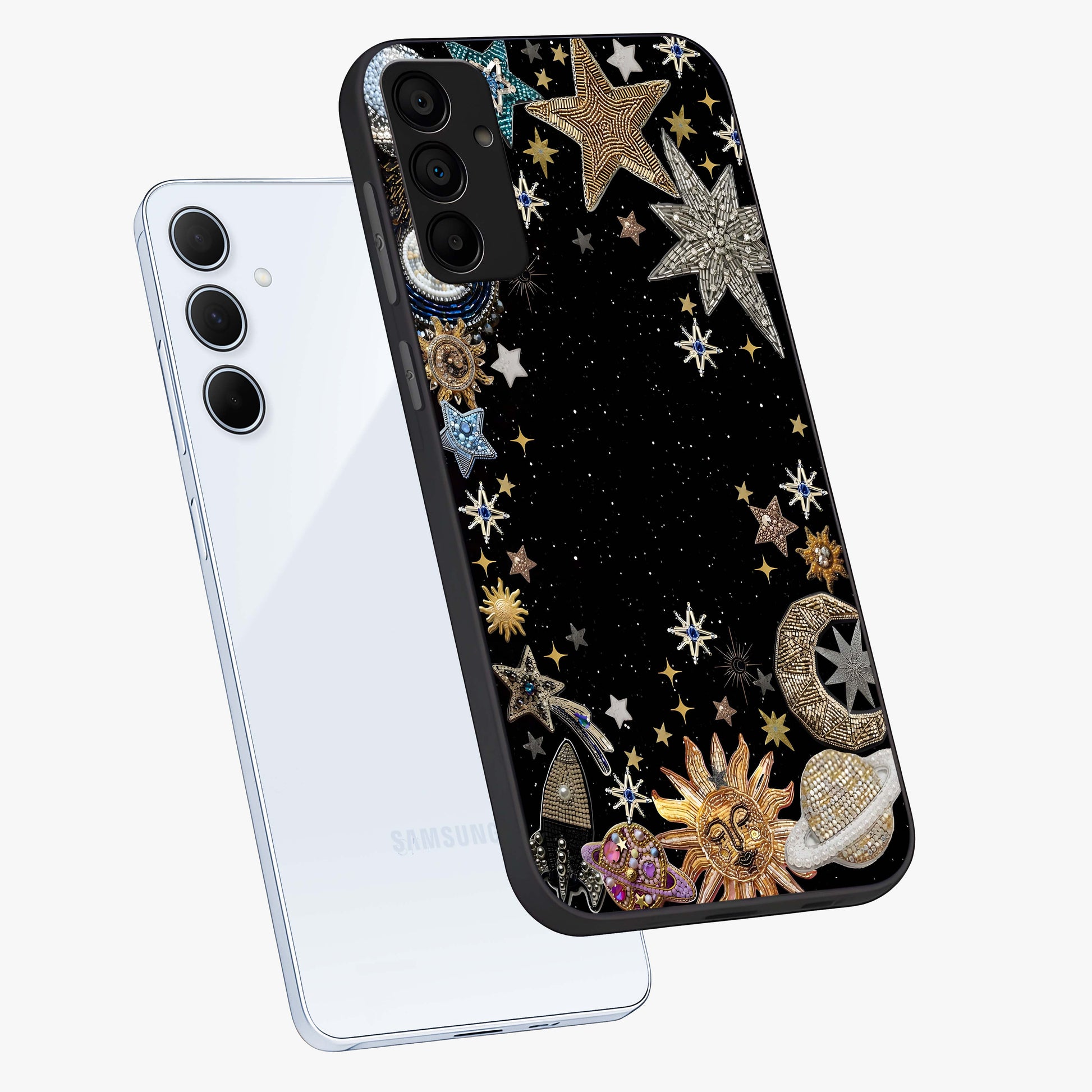 Galactic Jewel Stars Glass Case displayed in angled mockup highlighting shining celestial star design with cosmic aesthetic style.