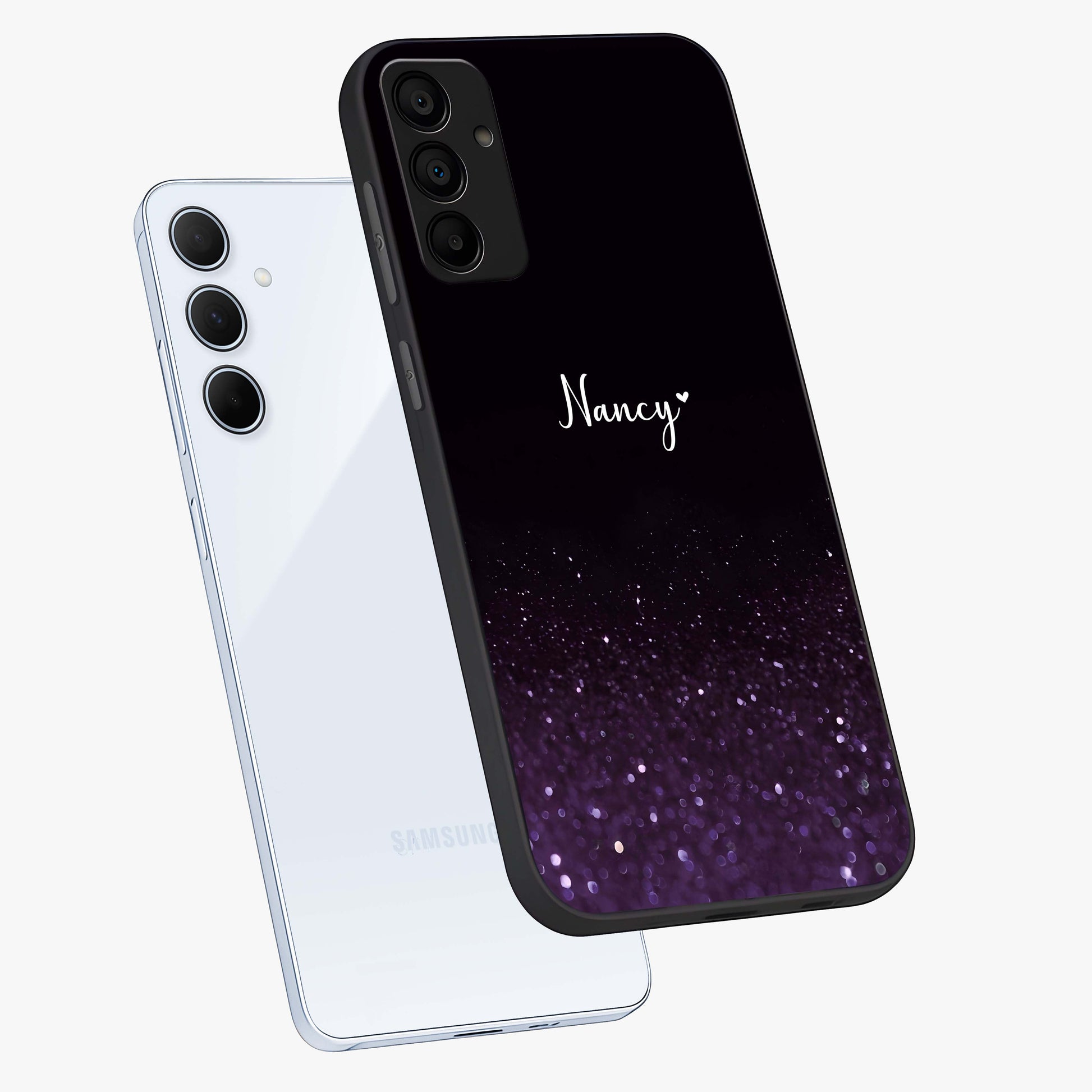 Glittery Purple Bokeh Custom Name Glass Case displayed in angled mockup highlighting glitter bokeh pattern with custom name feature.