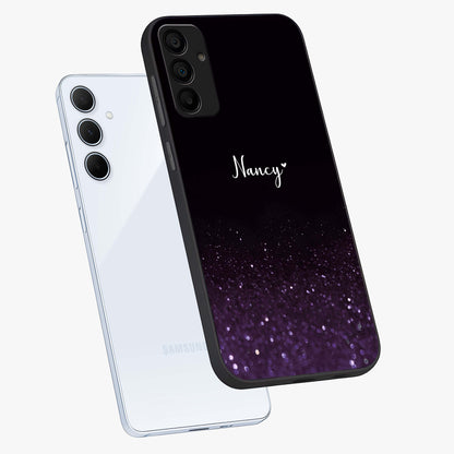 Glittery Purple Bokeh Custom Name Glass Case displayed in angled mockup highlighting glitter bokeh pattern with custom name feature.