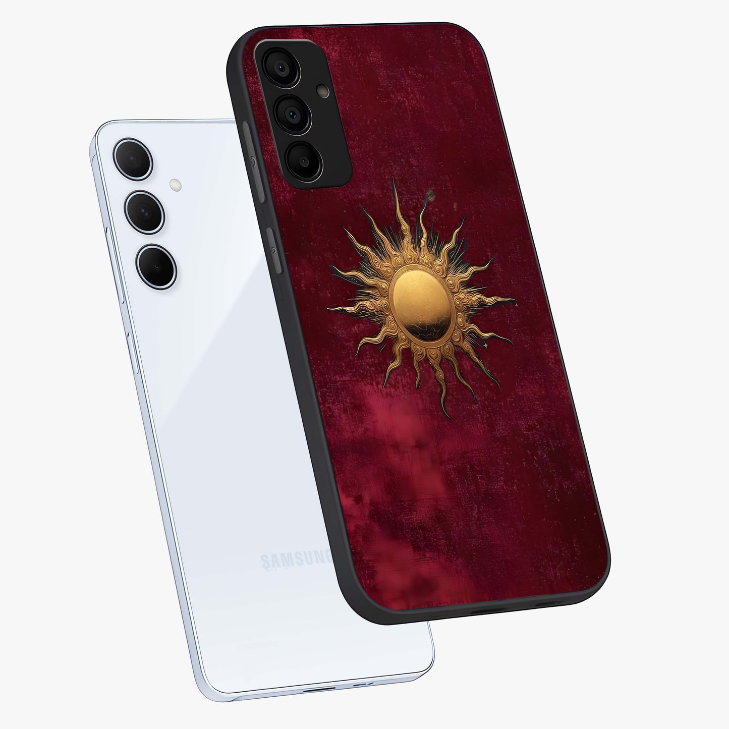 Golden Sun Minimalism Glass Case displayed in angled mockup highlighting clean sun symbol design with modern minimal aesthetic.