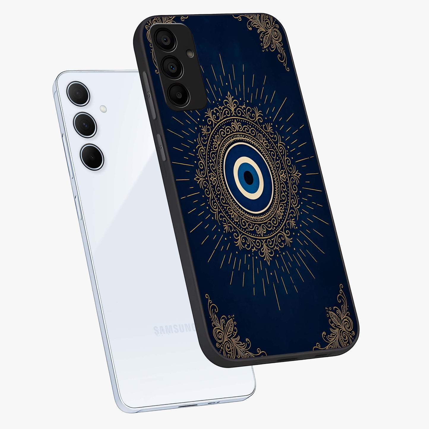 Golden Celestial Charm Glass Case displayed in angled mockup highlighting sparkling cosmic charm design with celestial aesthetic.