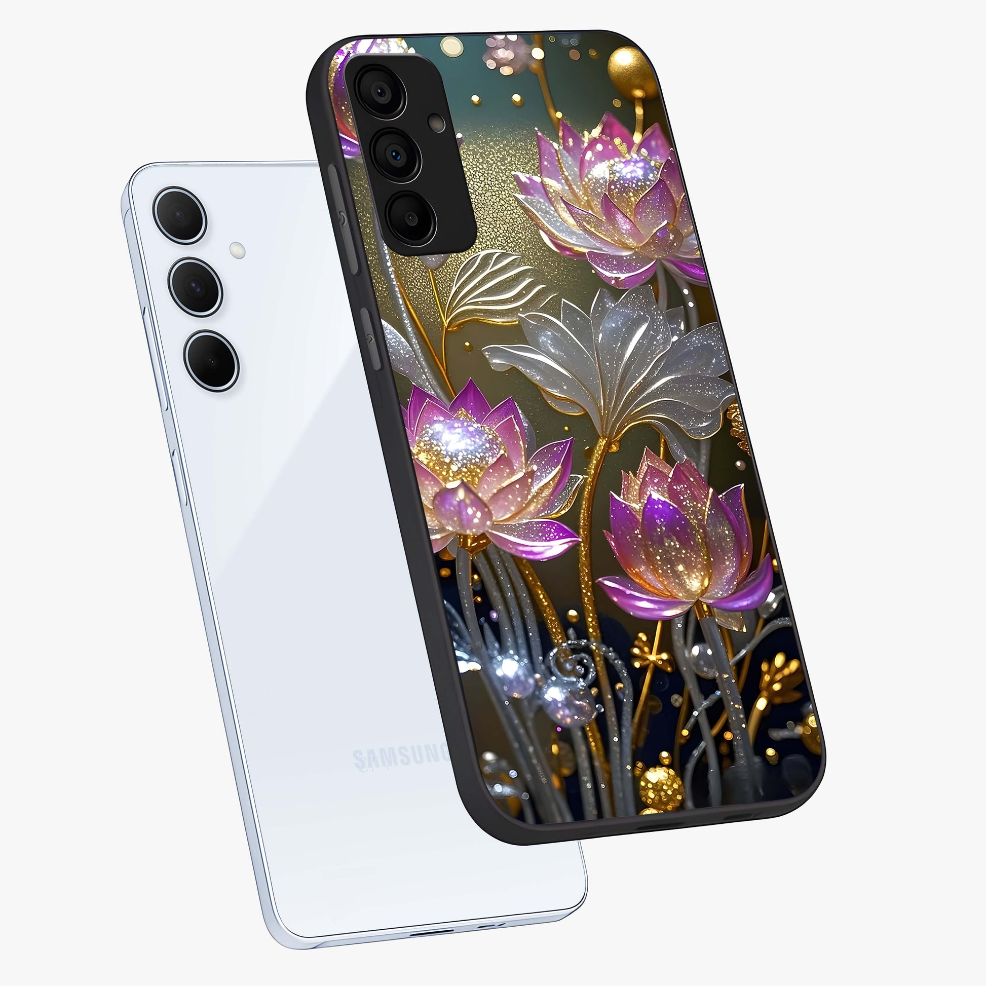 Golden Floral Majesty Glass Case displayed in angled mockup highlighting elegant flower design with royal golden aesthetic.