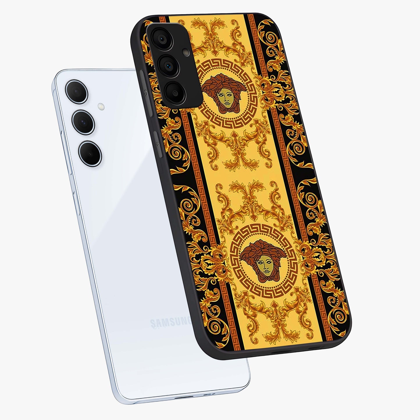 Golden Lotus Glow Glass Case displayed in angled mockup highlighting radiant lotus illustration with spiritual aesthetic.