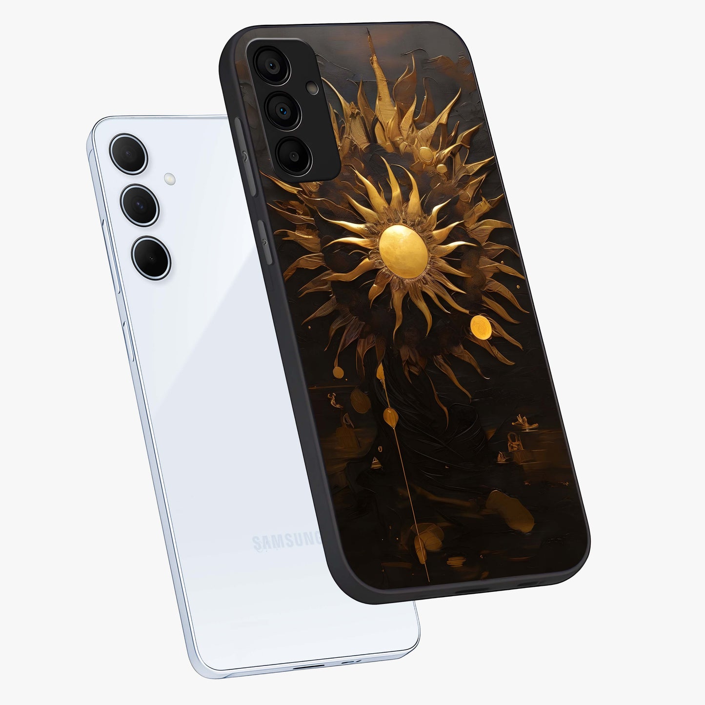 Golden Sun Majesty Glass Case displayed in angled mockup highlighting eerie shadow illustration with gothic aesthetic.