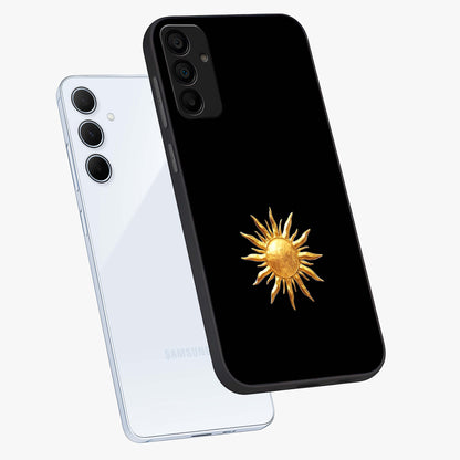 Golden Sun Minimalism Glass Case displayed in angled mockup highlighting eerie shadow illustration with gothic aesthetic.