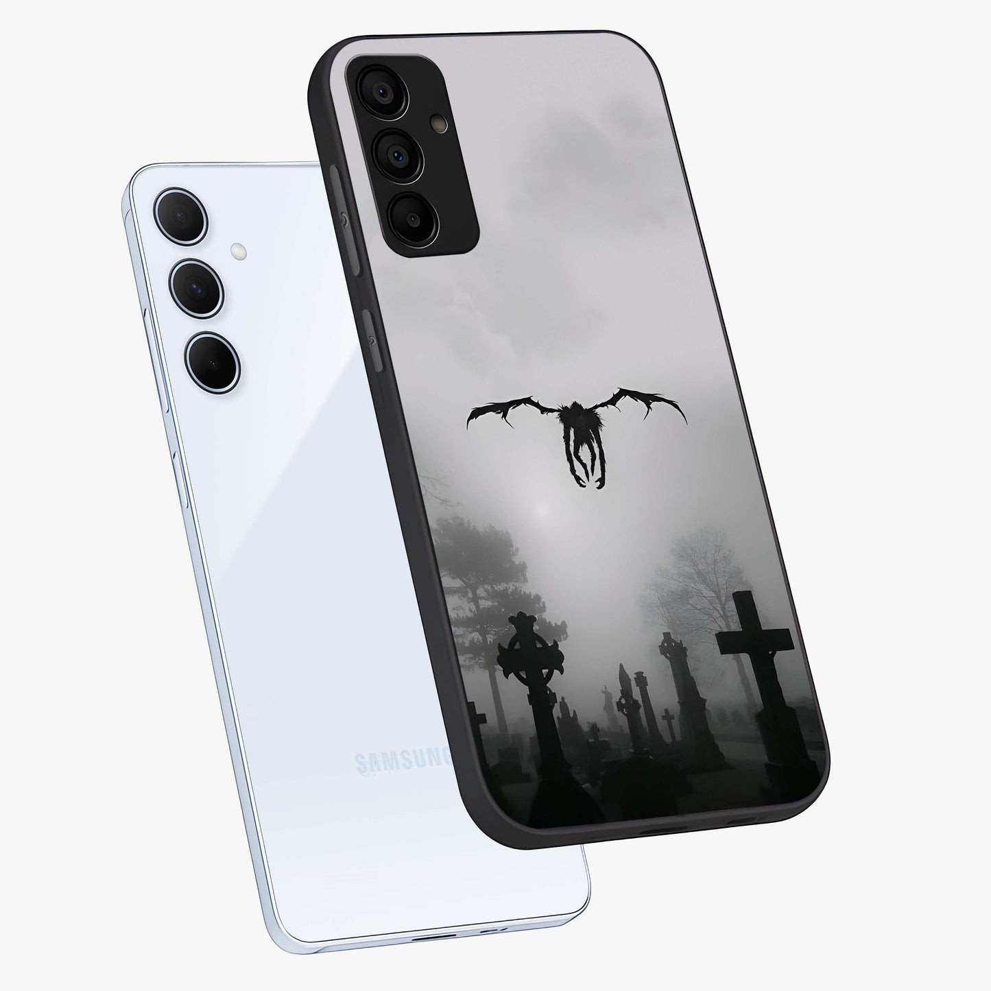 Graveyard Shadow Descent Glass Case displayed in angled mockup highlighting eerie shadow illustration with gothic aesthetic.