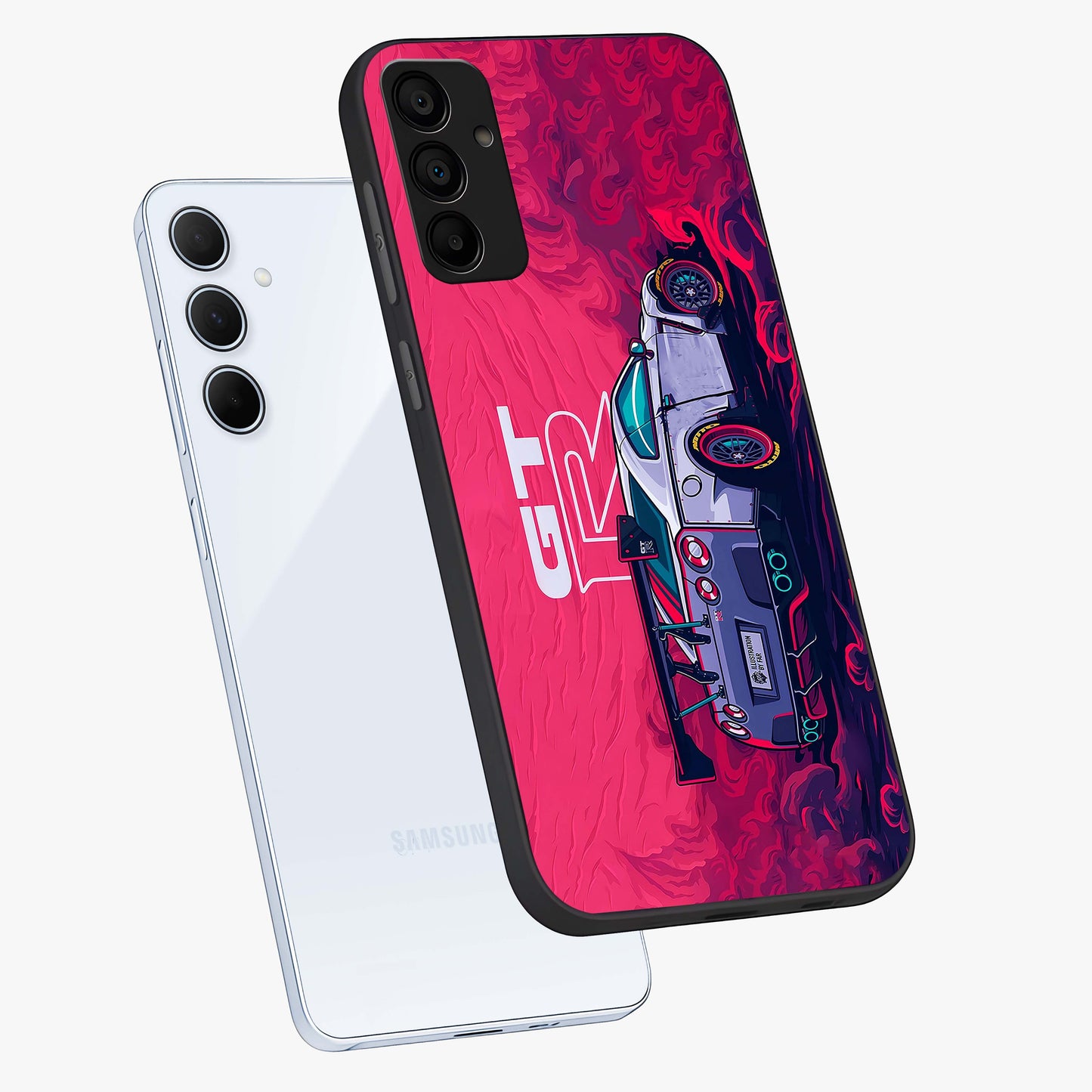 GT-R Car Pattern Glass Case displayed in angled mockup highlighting racing car graphic design with bold automotive aesthetic.
