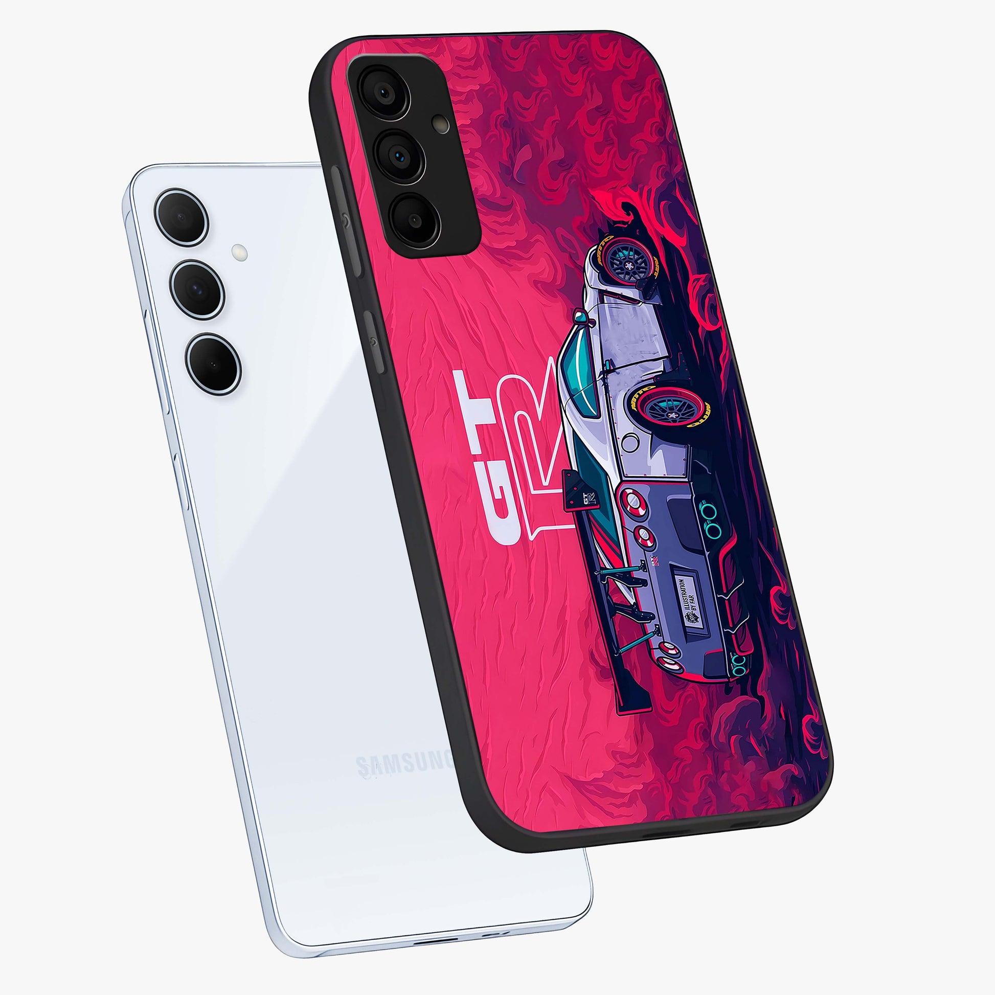GT-R Car Pattern Glass Case displayed in angled mockup highlighting racing car graphic design with bold automotive aesthetic.