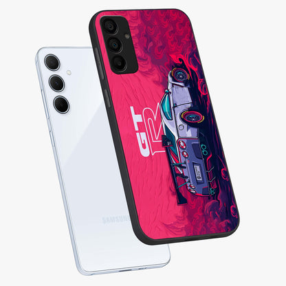 GT-R Car Pattern Glass Case displayed in angled mockup highlighting racing car graphic design with bold automotive aesthetic.