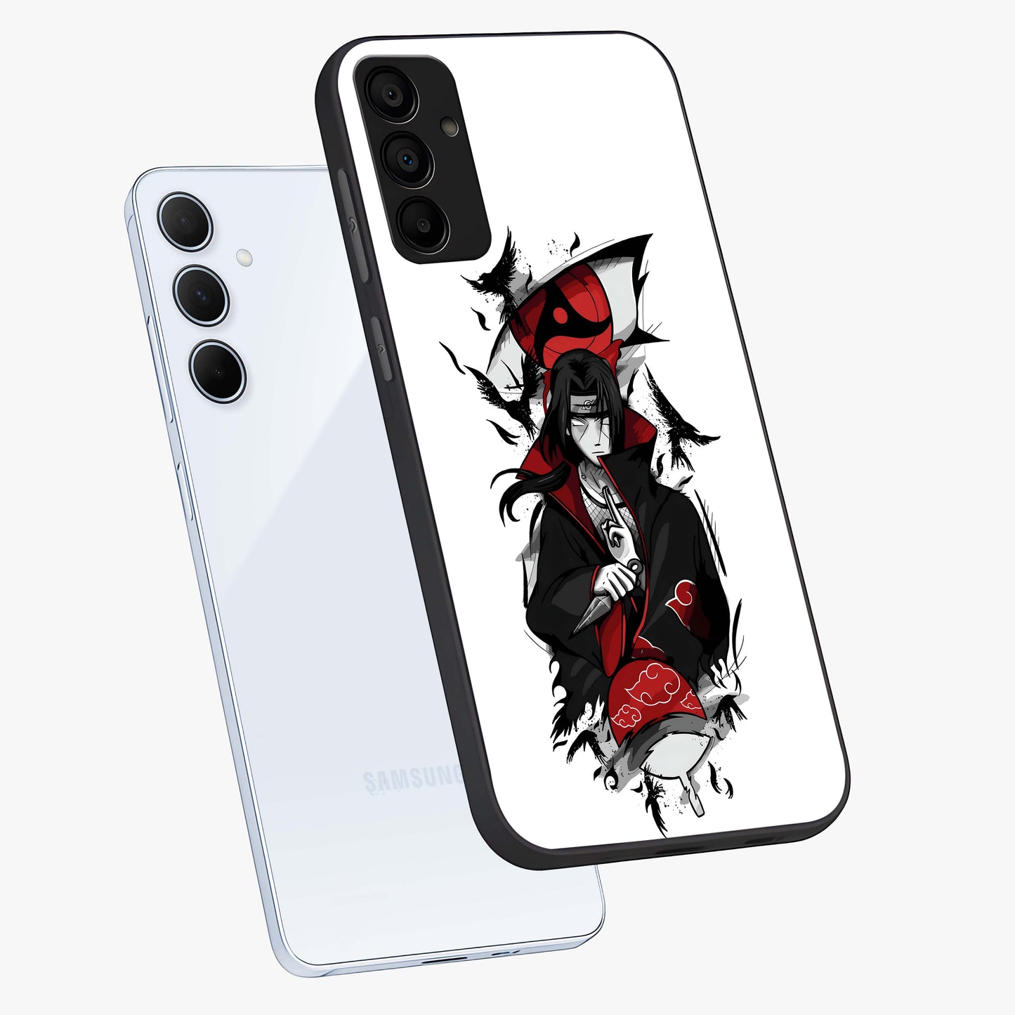 Itachi Limited Edition Naruto Anime Glass Case displayed in angled mockup highlighting dramatic anime illustration with bold action aesthetic.