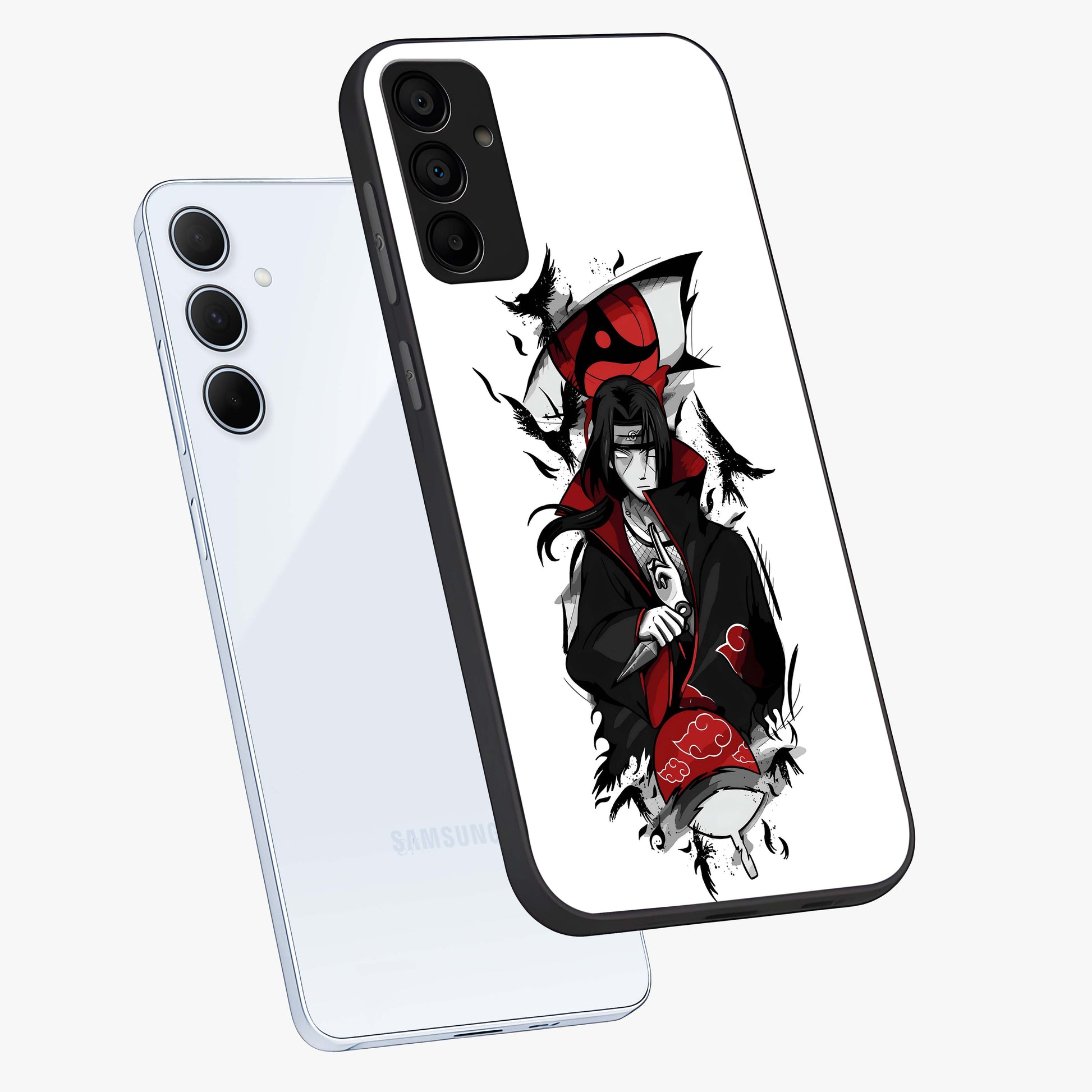 Itachi Limited Edition Naruto Anime Glass Case displayed in angled mockup highlighting dramatic anime illustration with bold action aesthetic.