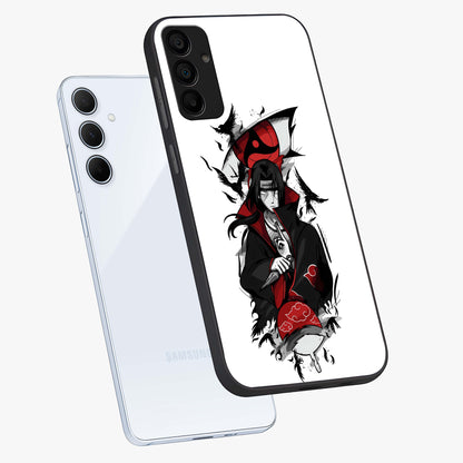 Itachi Limited Edition Naruto Anime Glass Case displayed in angled mockup highlighting dramatic anime illustration with bold action aesthetic.